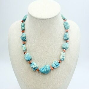 Vintage Chunky Blue Dyed Howlite and Coral Beaded Statement Necklace